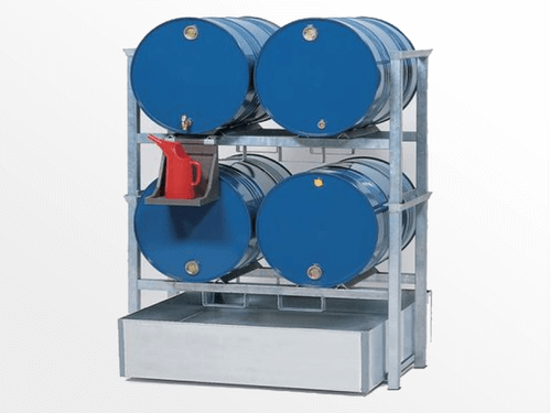 Clean drum rack with lubricant drums.